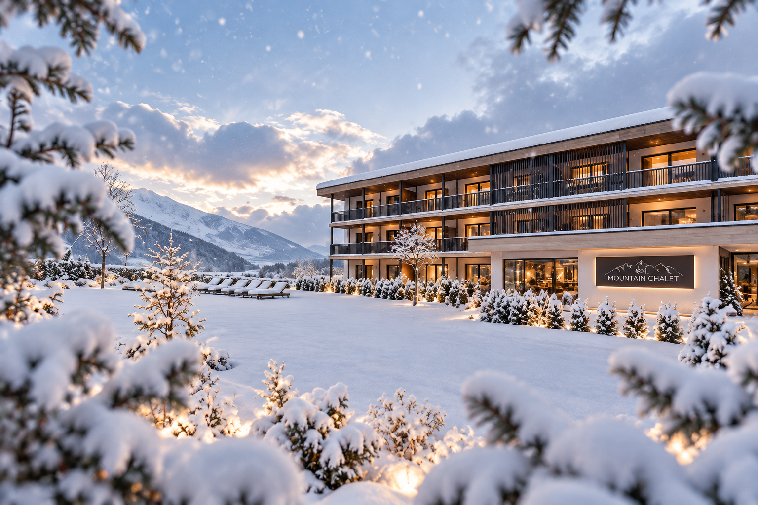 K1 Mountain Chalet pozimi ob sončnem zahodu